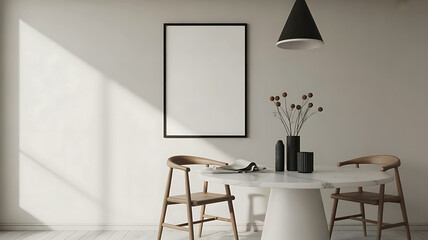 Modern dining area with empty framed art and chairs bathed in soft sunlight creating a serene atmosphere