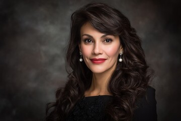 Fototapeta premium Elegant hispanic female adult with long curly hair and pearl earrings
