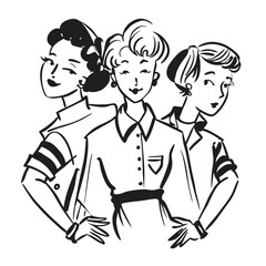 Two fashionable women in a 1950s-inspired black-and-white cartoon style, bold lines, confident poses, one in a skirt suit, the other in a short skirt and sweater, mid-century modern illustration style