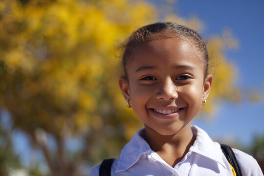 Smiling young african girl outdoors with yellow flowers in background - Powered by Adobe