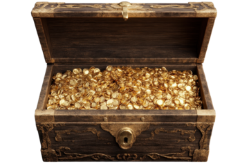Treasure box overflowing with gold coins isolated on a transparent background for creative projects and storytelling purposes