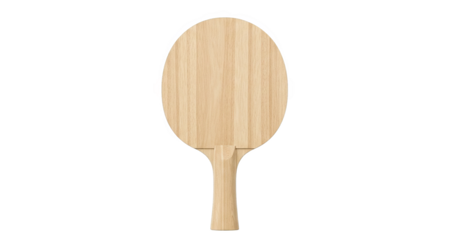 A neutral hued, wooden ping pong paddle stands poised for competitive play.
