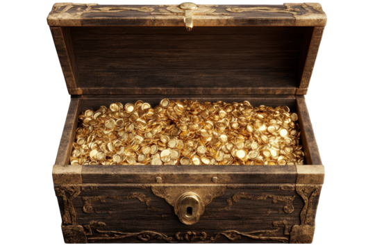 Treasure box overflowing with gold coins isolated on a transparent background for creative projects and storytelling purposes
