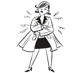 one fashionable women in a 1950s-inspired black-and-white cartoon style, bold lines, confident poses, one in a skirt suit, the other in a short skirt and sweater, mid-century modern illustration style