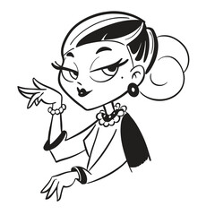 one fashionable women in a 1950s-inspired black-and-white cartoon style, bold lines, confident poses, one in a skirt suit, the other in a short skirt and sweater, mid-century modern illustration style