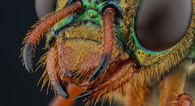 Intricate insect anatomy: a detailed view of vibrant mouthparts and textured face