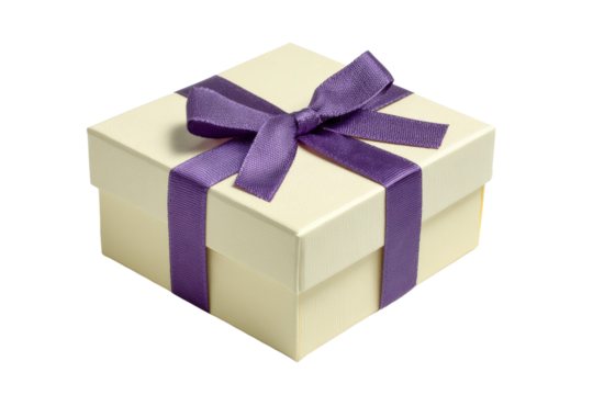 A white box with a purple ribbon tied around it