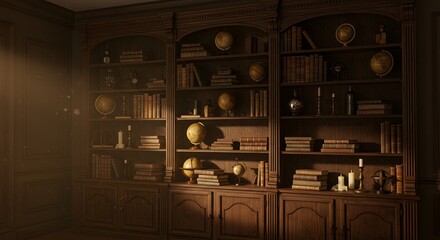 A warm, inviting library interior with wooden bookshelves filled with books and globes.