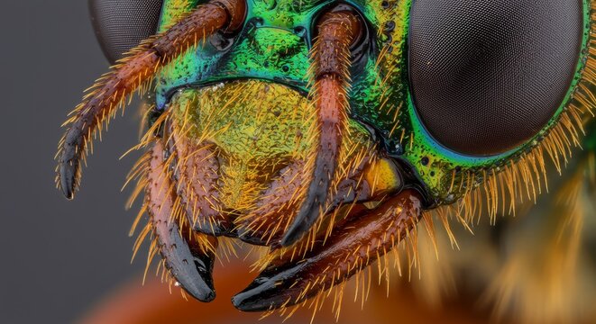 Detailed Close-Up Showcasing the Complex Mouthparts of a Vibrant Insect