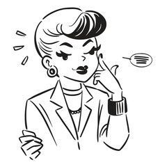 one fashionable women in a 1950s-inspired black-and-white cartoon style, bold lines, confident poses, one in a skirt suit, the other in a short skirt and sweater, mid-century modern illustration style
