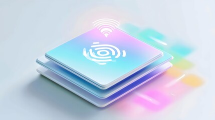 Abstract digital background featuring holographic fingerprint and wireless signal icons, creating a futuristic technology atmosphere.