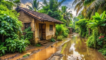Fototapeta premium Tranquil Rural Scene Rustic Cottage by a Calm, Flooded Waterway Nestled Amidst Lush Tropical Foliage
