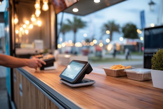 Modern food truck with touchscreen payment and outdoor ambience
