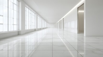 Obraz premium Bright Contemporary Interior with White Walls, Tiled Floor, and Large Windows Showcasing Modern Architecture