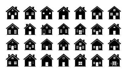 Collection of simple black silhouette house icons