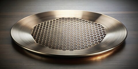 Elegant Brushed Metal Dish with Honeycomb Pattern Centerpiece on Dark Wood Surface