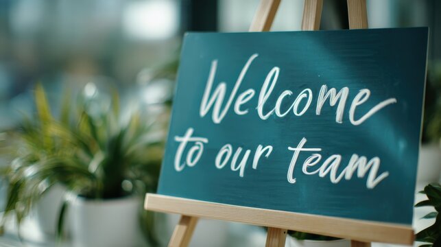 Welcome Sign Displayed on Easel in Office Environment, Symbolizing New Team Member Onboarding - Powered by Adobe