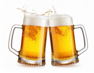 Cheers cold beer with splashing out of glasses on white background for celebration party