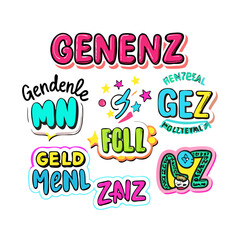 Colorful groovy and trendy stickers with gen z and millenials slang words. Vintage stickers, patch, badge element with cartoon character.
