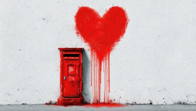 Red heart spray-painted on a wall, beside a miniature red postbox