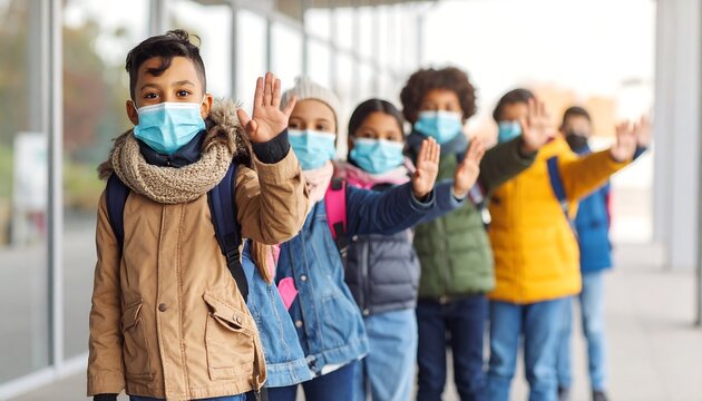 Children in masks waving goodbye