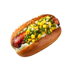Transparent PNG available Gourmet Loaded Hot Dog with Chili, Mashed Potatoes, and Corn