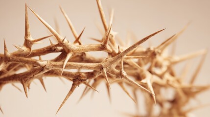 Crown of Thorns Close-Up: Symbolic Representation of Sacrifice, Suffering, and Religious Significance on a Beige Background