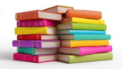 Colorful books stacked high on a white background