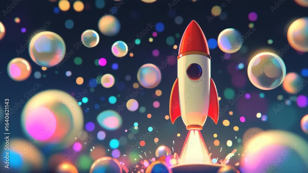 Wall mural rocket launch with colorful glowing bubbles in dark space, vibrant light reflections and dynamic mot