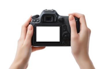 Hands Holding DSLR Camera with Blank Screen isolated on transparent background Remove png, Clipping Path, pen tool