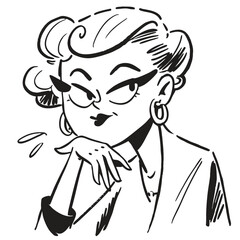 Two fashionable women in a 1950s-inspired black-and-white cartoon style, bold lines, confident poses, one in a skirt suit, the other in a short skirt and sweater, mid-century modern illustration style