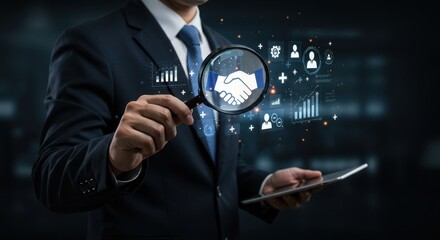 Business professional examines handshake icon through magnifying glass with digital data overlay