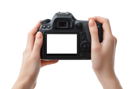 Hands Holding DSLR Camera with Blank Screen isolated on transparent background Remove png, Clipping Path, pen tool