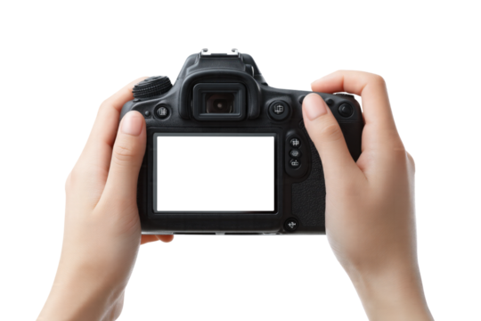 Hands Holding DSLR Camera with Blank Screen isolated on transparent background Remove png, Clipping Path, pen tool