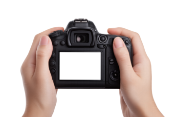 Hands Holding DSLR Camera with Blank Screen isolated on transparent background Remove png, Clipping Path, pen tool