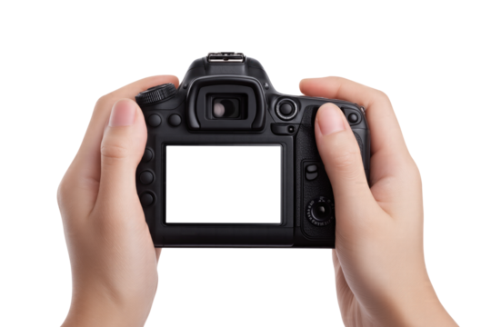 Hands Holding DSLR Camera with Blank Screen isolated on transparent background Remove png, Clipping Path, pen tool