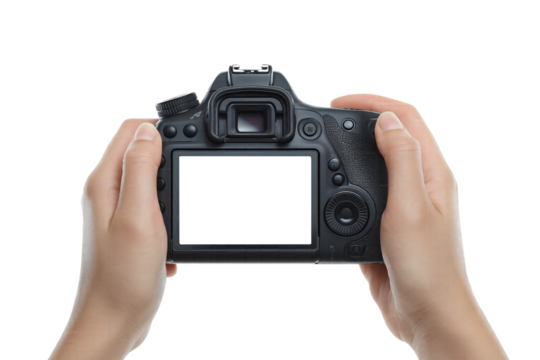 Hands Holding DSLR Camera with Blank Screen isolated on transparent background Remove png, Clipping Path, pen tool - Powered by Adobe