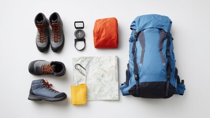 Outdoor gear arranged neatly showcases essentials for adventure.