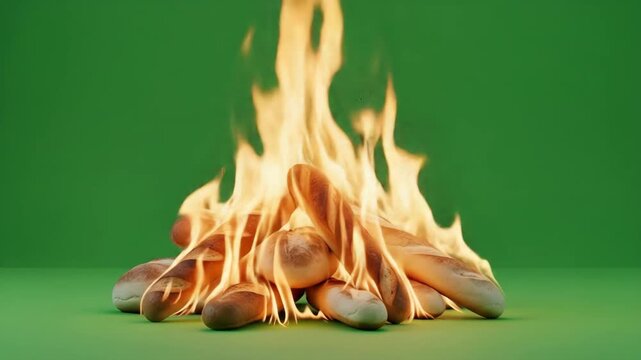 Burning Breadsticks on Green Screen - A pile of breadsticks is engulfed in flames against a bright green screen background. The video is suitable for compositing or visual effects projects.