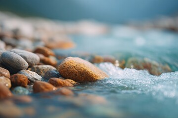 Gentle waves caress smooth pebbles, creating serene natural ambi