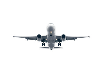 Fototapeta premium White airplane taking off from an isolated location against overcast sky during day, showcasing its takeoff position with detailed view of wings and engines