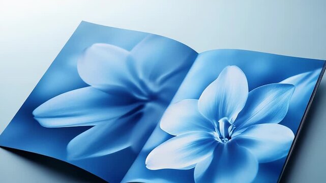 Open catalog showing blue flower on gradient background