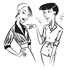 Two fashionable women in a 1950s-inspired black-and-white cartoon style, bold lines, confident poses, one in a skirt suit, the other in a short skirt and sweater, mid-century modern illustration style