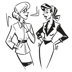 Two fashionable women in a 1950s-inspired black-and-white cartoon style, bold lines, confident poses, one in a skirt suit, the other in a short skirt and sweater, mid-century modern illustration style
