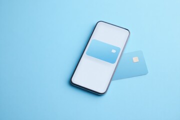 Smartphone displays digital card on bright blue background, slee
