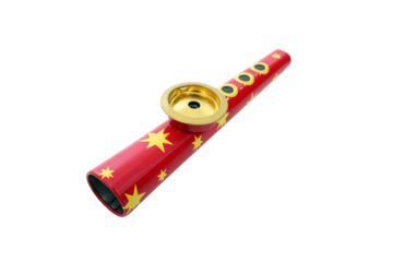 Red metal kazoo musical instrument with yellow stars, png file