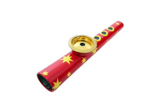 Red metal kazoo musical instrument with yellow stars, png file