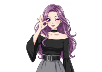 Stylish anime girl with long purple hair, winking and making an ok gesture, isolated on transparent background