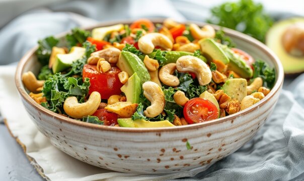 Colorful kale salad with avocado tomato and cashew for healthy eating