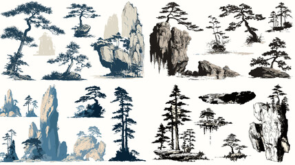 Traditional ink landscape illustrations of pine trees and rocky mountains, Chinese and Japanese sumi-e brush painting nature art set. © Creative Nest
